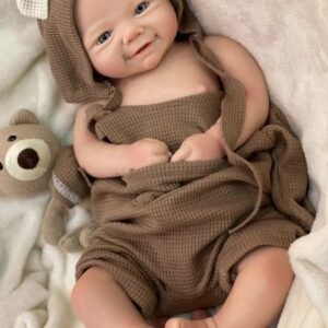 Realistic full body silicone baby doll Kent with open eyes, 19 inches long, lifelike skin and detailed features.