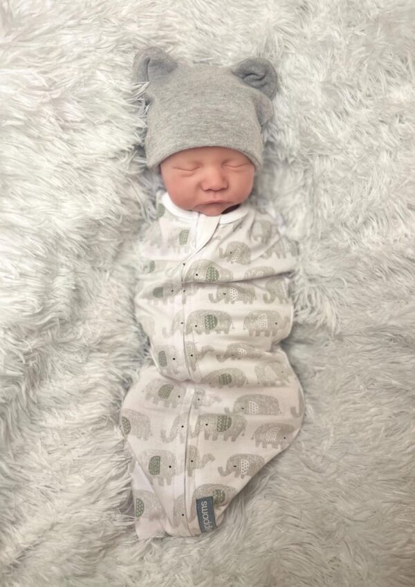 Full body silicone reborn baby boy doll Hudson sleeping in a blue outfit, showcasing the seamless silicone material.