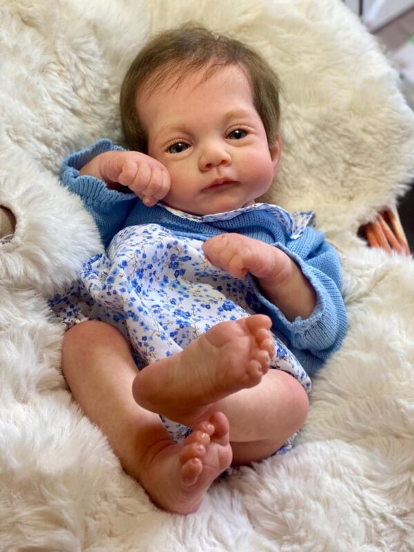 Realistic reborn baby girl doll Evelyn with brown hair and a gentle expression, wearing a ruffled white dress.